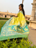 Load image into Gallery viewer, Elegant Lime Green & Peacock Yellow Banarasi Silk Saree with Traditional Motifs Jacquard Saree by Magnite (2.Vibrant Jacquard)
