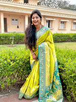 Load image into Gallery viewer, Elegant Lime Green & Peacock Yellow Banarasi Silk Saree with Traditional Motifs Jacquard Saree by Magnite (2.Vibrant Jacquard)