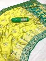 Load image into Gallery viewer, Elegant Lime Green & Peacock Yellow Banarasi Silk Saree with Traditional Motifs Jacquard Saree by Magnite (2.Vibrant Jacquard)