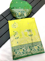 Load image into Gallery viewer, Elegant Lime Green & Peacock Yellow Banarasi Silk Saree with Traditional Motifs Jacquard Saree by Magnite (2.Vibrant Jacquard)