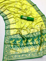 Load image into Gallery viewer, Elegant Lime Green & Peacock Yellow Banarasi Silk Saree with Traditional Motifs Jacquard Saree by Magnite (2.Vibrant Jacquard)