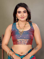 Load image into Gallery viewer, Pure Soft Banarasi Silk Saree Beautiful Zari Weaving in Gold & Silver Contrast Teal Border & Rich Pallu Includes Contrast Butti Blouse Perfect for Weddings & Festive Wear Premium Quality