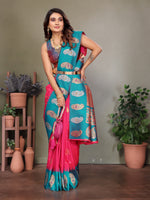 Load image into Gallery viewer, Pure Soft Banarasi Silk Saree Beautiful Zari Weaving in Gold & Silver Contrast Teal Border & Rich Pallu Includes Contrast Butti Blouse Perfect for Weddings & Festive Wear Premium Quality