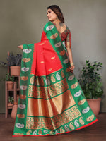 Load image into Gallery viewer, Pure Soft Banarasi Silk Saree Beautiful Zari Weaving in Gold & Silver Contrast Teal Border & Rich Pallu Includes Contrast Butti Blouse Perfect for Weddings & Festive Wear Premium Quality
