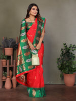 Load image into Gallery viewer, Pure Soft Banarasi Silk Saree Beautiful Zari Weaving in Gold & Silver Contrast Teal Border & Rich Pallu Includes Contrast Butti Blouse Perfect for Weddings & Festive Wear Premium Quality