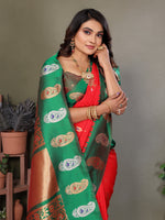 Load image into Gallery viewer, Pure Soft Banarasi Silk Saree Beautiful Zari Weaving in Gold & Silver Contrast Teal Border & Rich Pallu Includes Contrast Butti Blouse Perfect for Weddings & Festive Wear Premium Quality