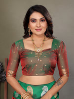 Load image into Gallery viewer, Pure Soft Banarasi Silk Saree Beautiful Zari Weaving in Gold & Silver Contrast Teal Border & Rich Pallu Includes Contrast Butti Blouse Perfect for Weddings & Festive Wear Premium Quality