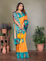 Load image into Gallery viewer, Pure Soft Banarasi Silk Saree Beautiful Zari Weaving in Gold & Silver Contrast Teal Border & Rich Pallu Includes Contrast Butti Blouse Perfect for Weddings & Festive Wear Premium Quality