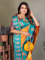 Load image into Gallery viewer, Pure Soft Banarasi Silk Saree Beautiful Zari Weaving in Gold & Silver Contrast Teal Border & Rich Pallu Includes Contrast Butti Blouse Perfect for Weddings & Festive Wear Premium Quality