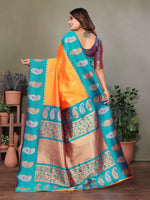 Load image into Gallery viewer, Pure Soft Banarasi Silk Saree Beautiful Zari Weaving in Gold & Silver Contrast Teal Border & Rich Pallu Includes Contrast Butti Blouse Perfect for Weddings & Festive Wear Premium Quality