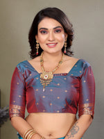 Load image into Gallery viewer, Pure Soft Banarasi Silk Saree Beautiful Zari Weaving in Gold & Silver Contrast Teal Border & Rich Pallu Includes Contrast Butti Blouse Perfect for Weddings & Festive Wear Premium Quality