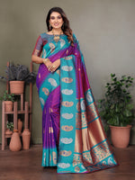 Load image into Gallery viewer, Pure Soft Banarasi Silk Saree Beautiful Zari Weaving in Gold & Silver Contrast Teal Border & Rich Pallu Includes Contrast Butti Blouse Perfect for Weddings & Festive Wear Premium Quality