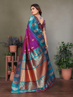 Load image into Gallery viewer, Pure Soft Banarasi Silk Saree Beautiful Zari Weaving in Gold & Silver Contrast Teal Border & Rich Pallu Includes Contrast Butti Blouse Perfect for Weddings & Festive Wear Premium Quality