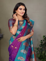 Load image into Gallery viewer, Pure Soft Banarasi Silk Saree Beautiful Zari Weaving in Gold & Silver Contrast Teal Border & Rich Pallu Includes Contrast Butti Blouse Perfect for Weddings & Festive Wear Premium Quality