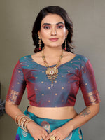 Load image into Gallery viewer, Pure Soft Banarasi Silk Saree Beautiful Zari Weaving in Gold & Silver Contrast Teal Border & Rich Pallu Includes Contrast Butti Blouse Perfect for Weddings & Festive Wear Premium Quality