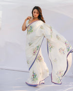 Load image into Gallery viewer, Elegant Floral White Saree with Blue and Pink Border