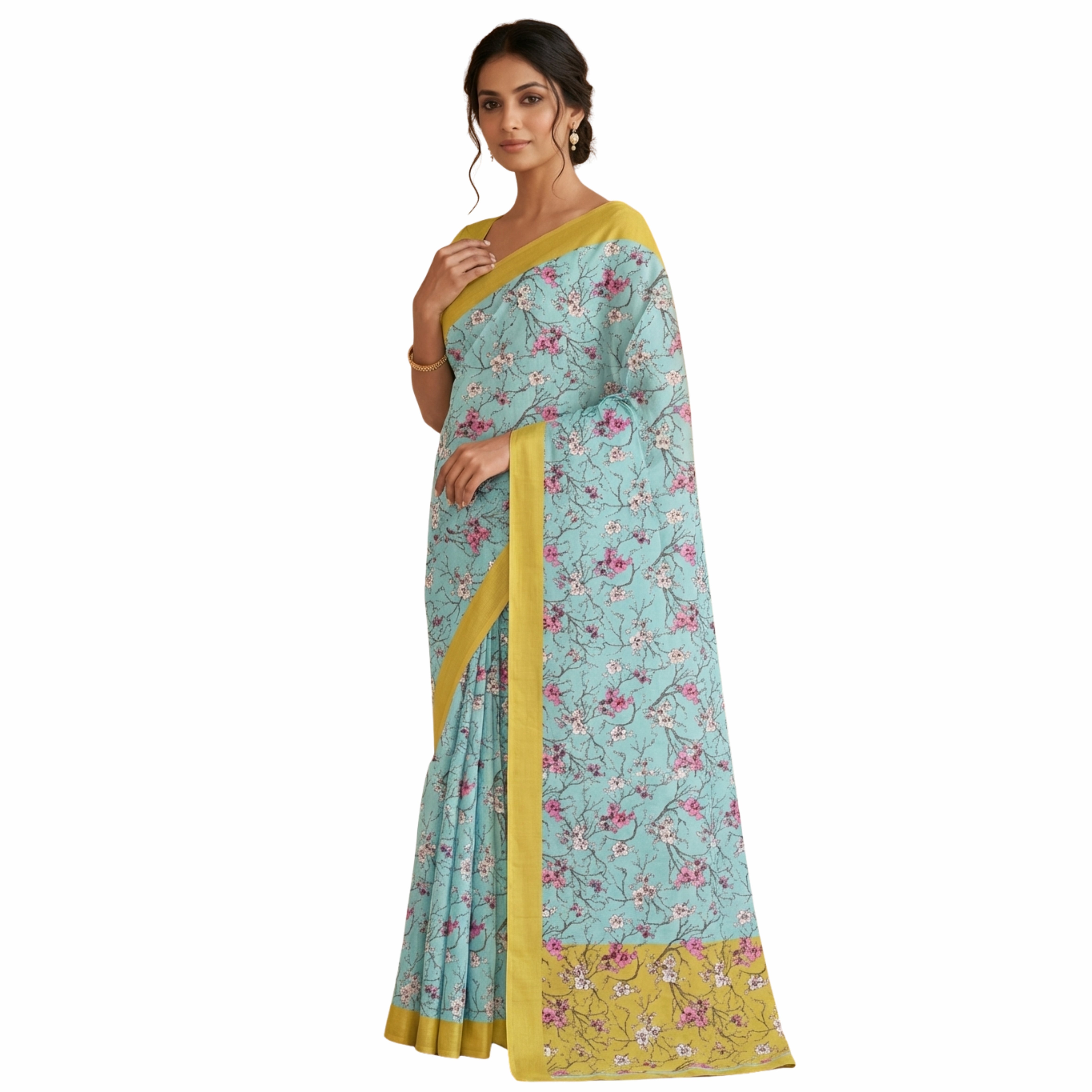 Mint Green Floral Cotton Linen Saree with Yellow Border by Magnite (SE-1077)