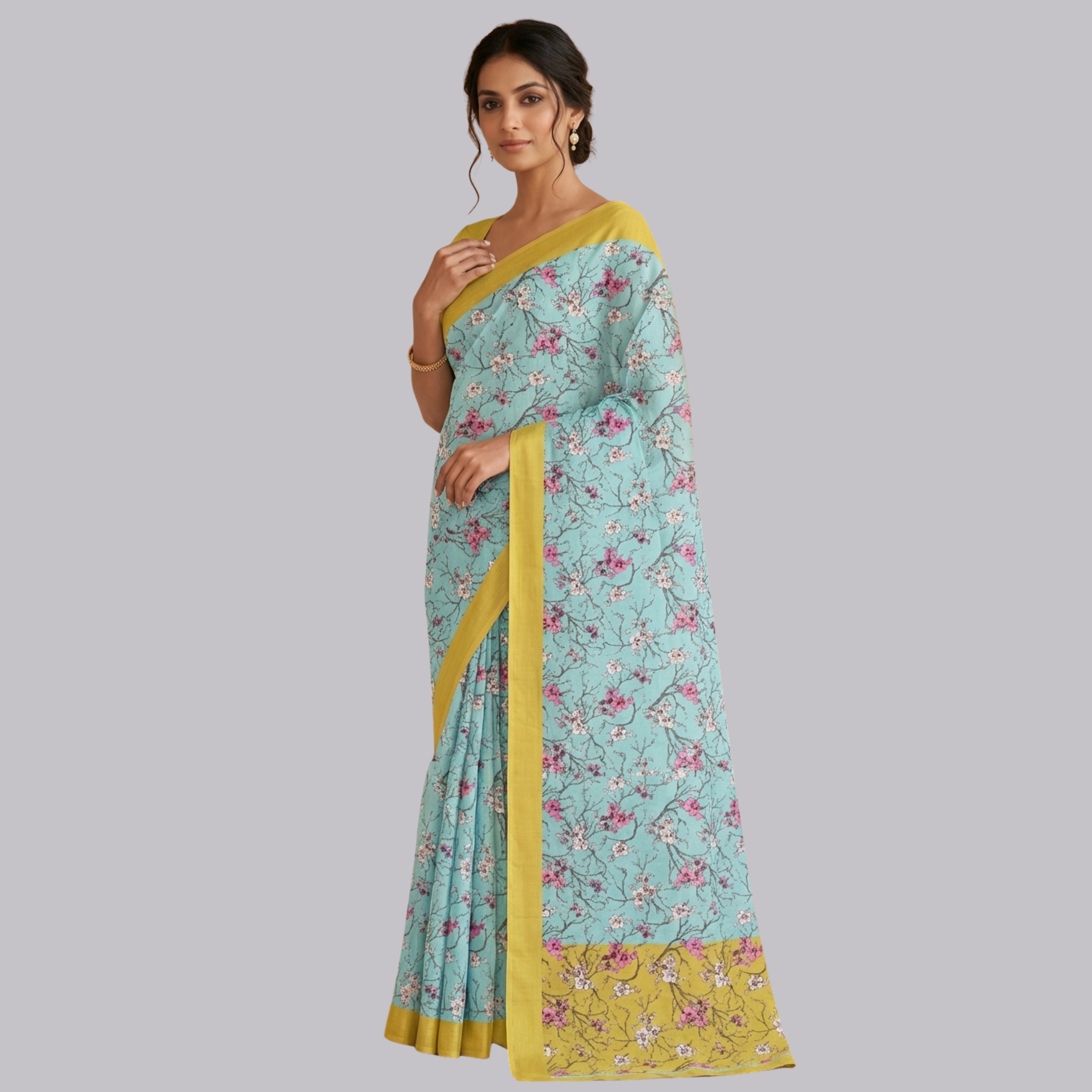 Mint Green Floral Cotton Linen Saree with Yellow Border by Magnite (SE-1077)