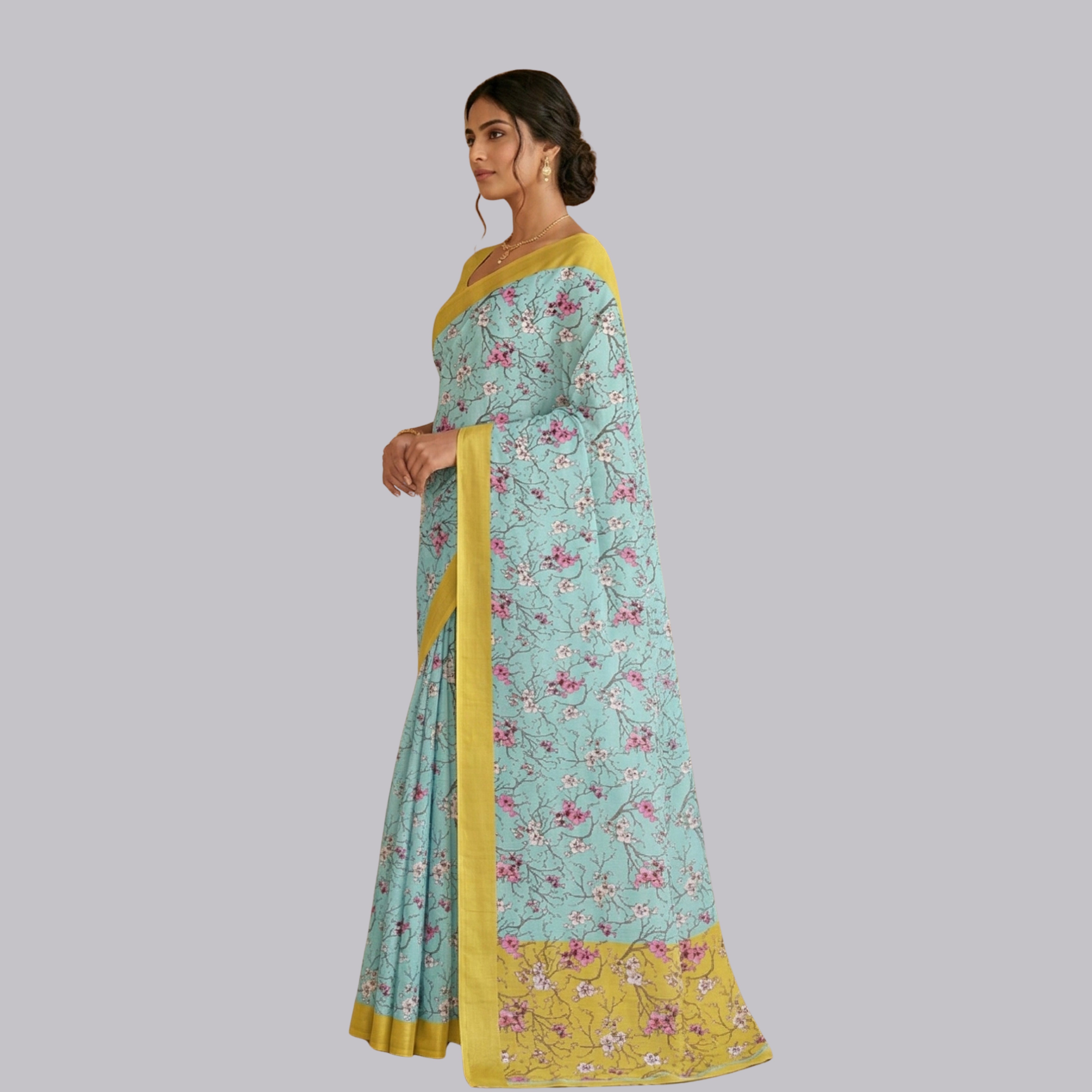 Mint Green Floral Cotton Linen Saree with Yellow Border by Magnite (SE-1077)