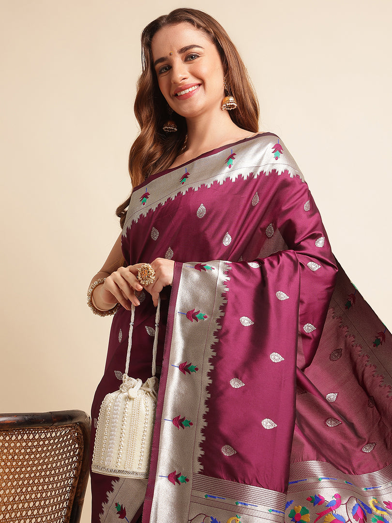 Pure Kanchipuram Pethani Silk With Unstiched Blouse By Shiv Enterprise (New Year-Wine-sd_atm)