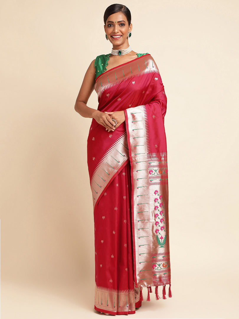 Pure Soft Kanchivram Pethani Silk Saree With Heavy Mina Weaving Zari Pallu With Beautiful Tasselsl With Unstiched Blouse By Shiv Enterprise (Pethani-Red-sd_atm)