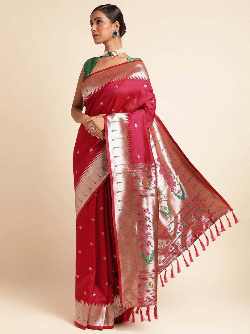 Pure Soft Kanchivram Pethani Silk Saree With Heavy Mina Weaving Zari Pallu With Beautiful Tasselsl With Unstiched Blouse By Shiv Enterprise (Pethani-Red-sd_atm)