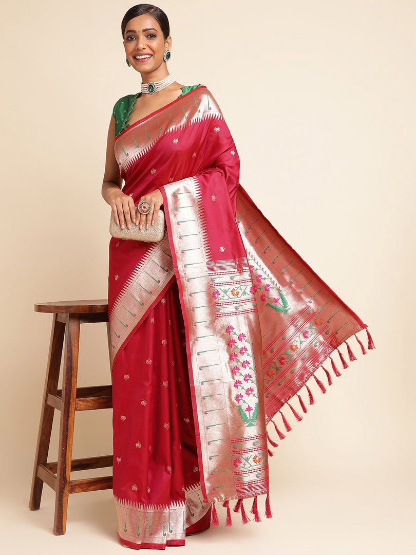 Pure Soft Kanchivram Pethani Silk Saree With Heavy Mina Weaving Zari Pallu With Beautiful Tasselsl With Unstiched Blouse By Shiv Enterprise (Pethani-Red-sd_atm)