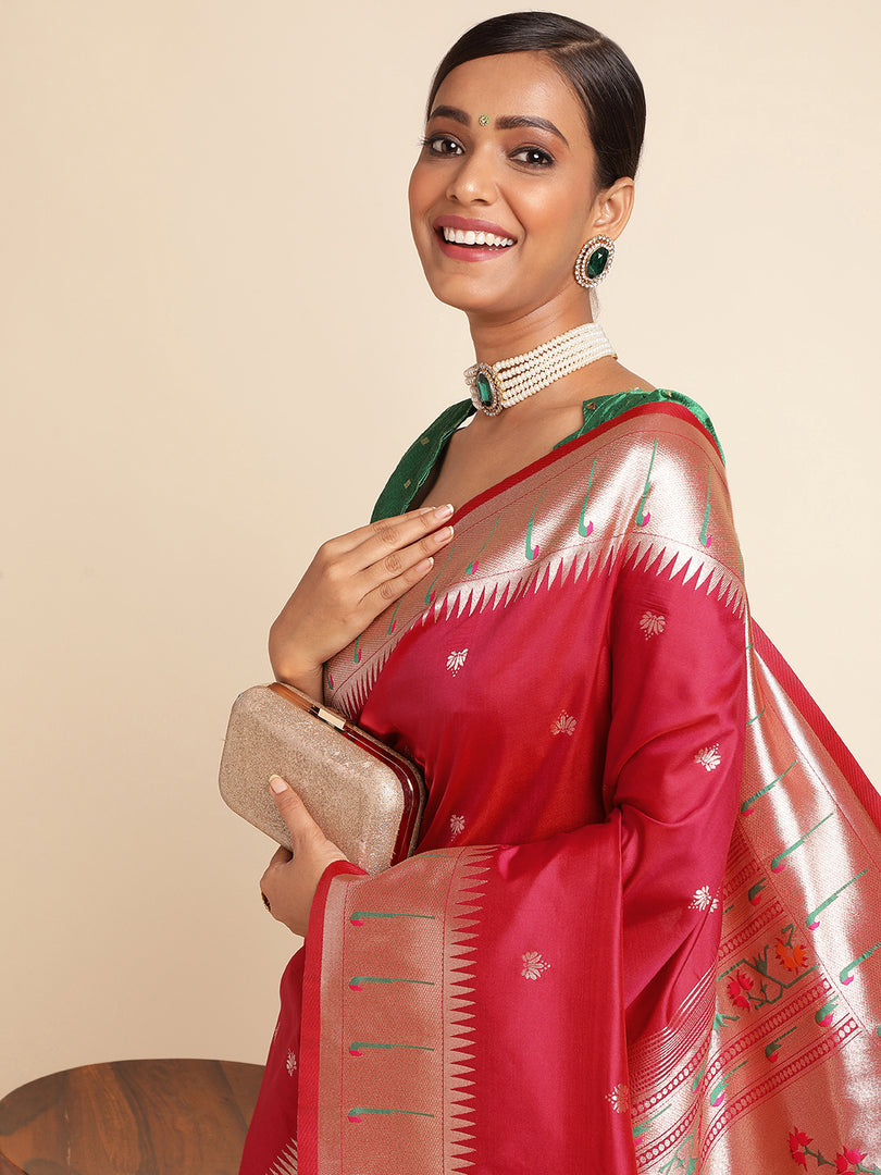 Pure Soft Kanchivram Pethani Silk Saree With Heavy Mina Weaving Zari Pallu With Beautiful Tasselsl With Unstiched Blouse By Shiv Enterprise (Pethani-Red-sd_atm)