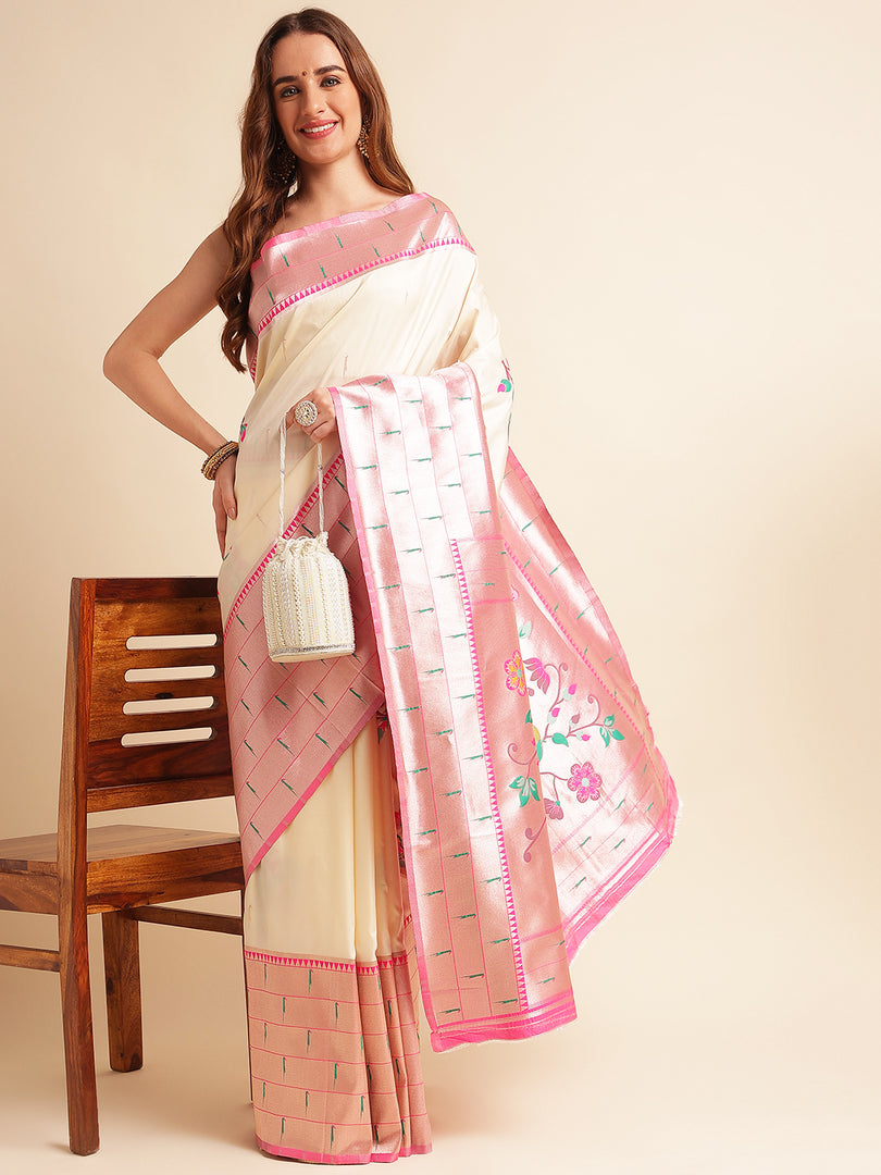 White Color Kanchipuram Paithani Saree With Trending Zari Weaving Work (Six Lane-White-sd_at)