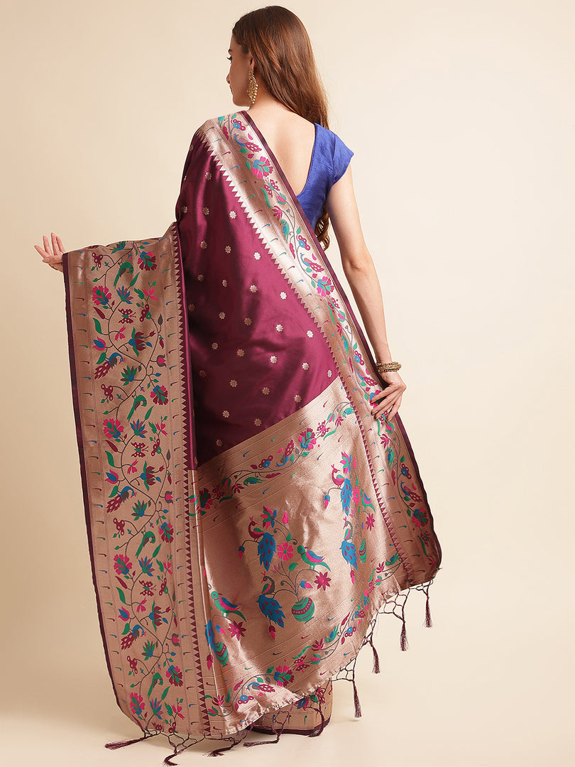 Purple Color Silk Cotton Paithani Saree With Zari Weaving Work (Balika-purple-sd)