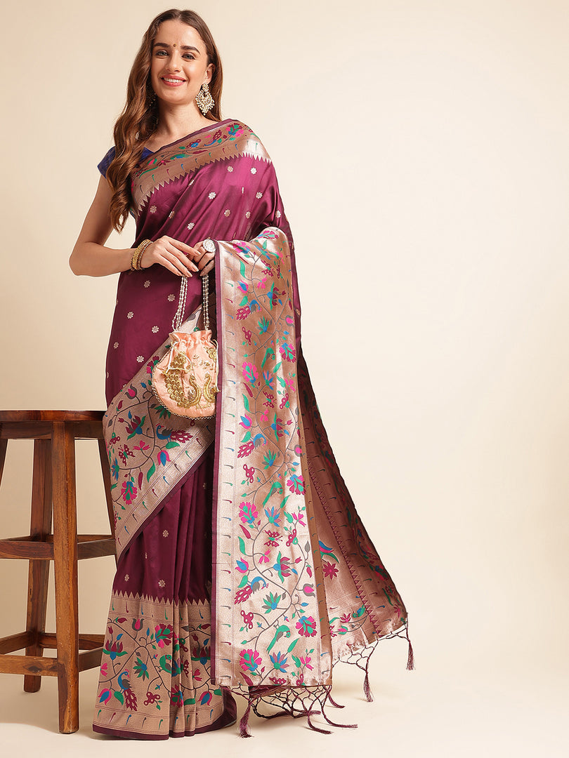 Purple Color Silk Cotton Paithani Saree With Zari Weaving Work (Balika-purple-sd)