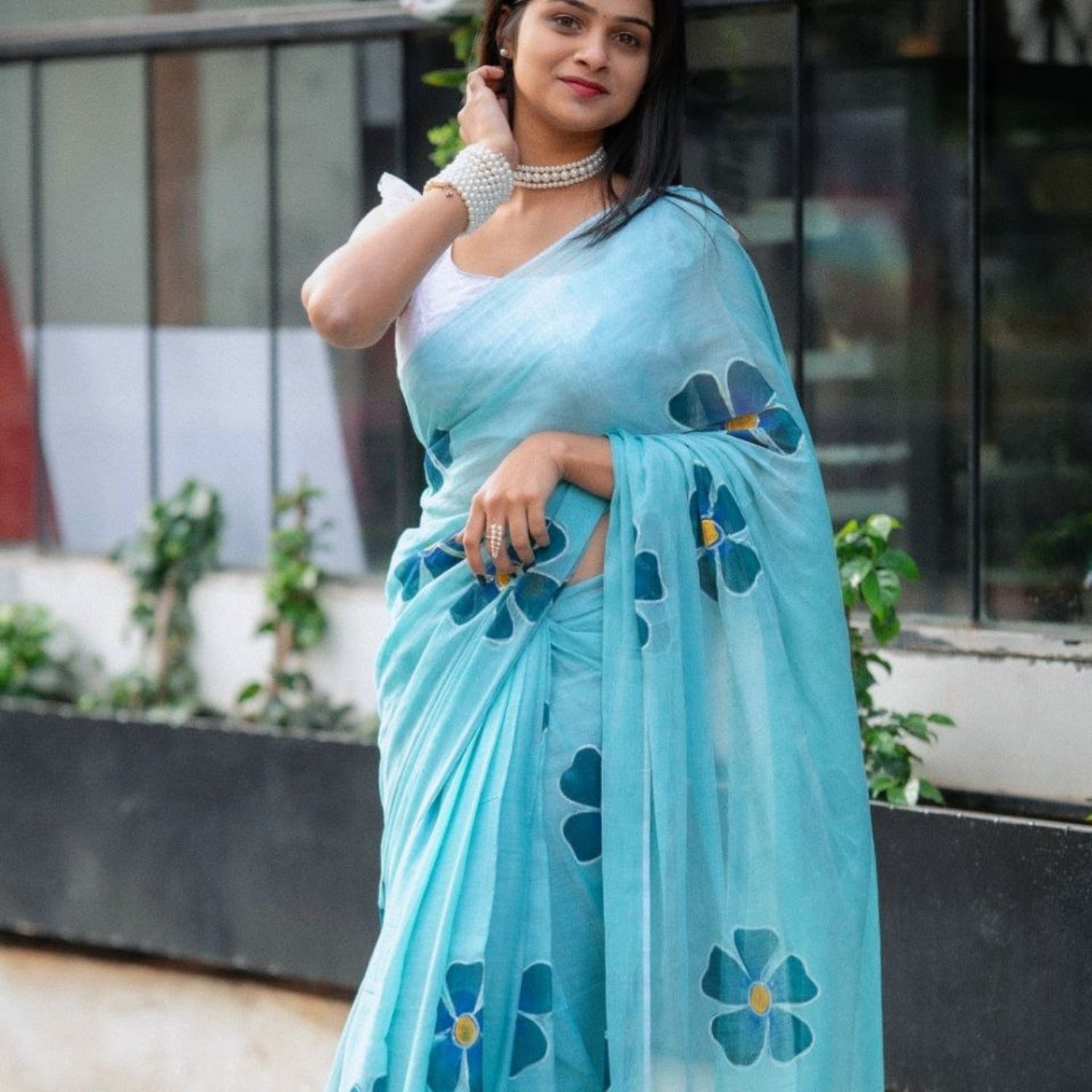 Sky Blue Floral Cotton Linen Saree with Unstitched Blouse Piece | Printed Designer Party Wear Saree for Women | Magnite (SE-1088-Cotton Lilen)
