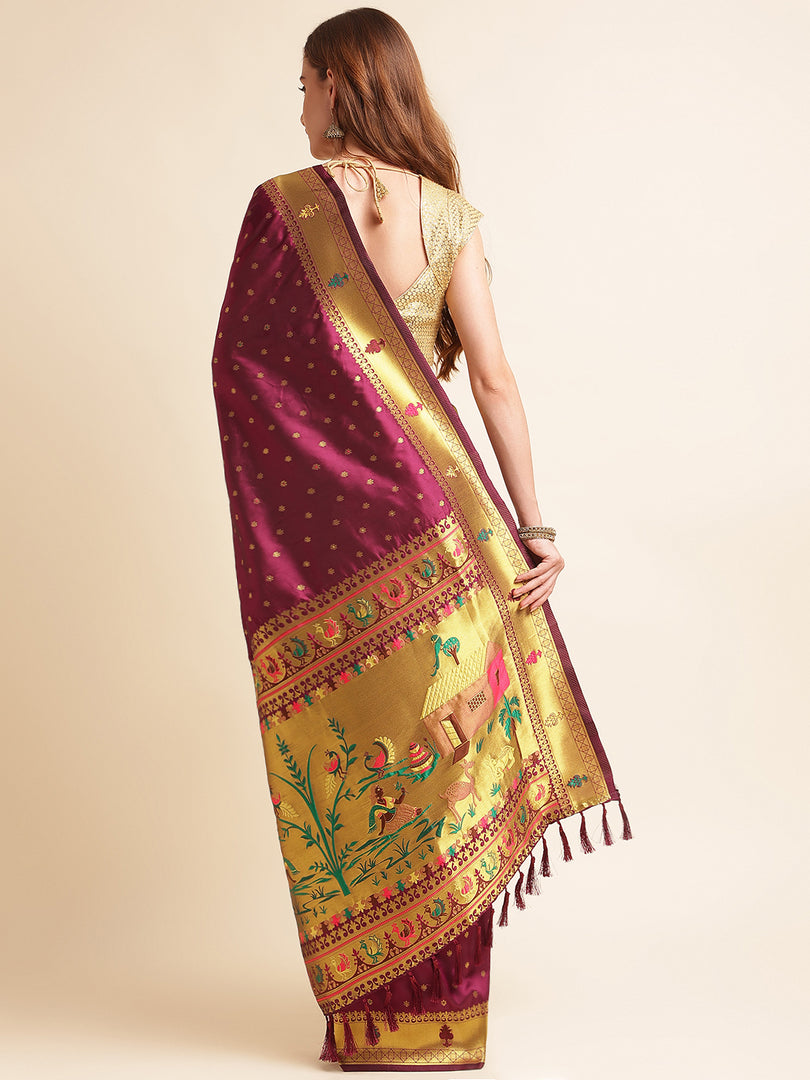 Wine Color&nbsp; Banarasi Paithani Saree With Trending Zari Weaving Work (BMW-Wine-sd_at)