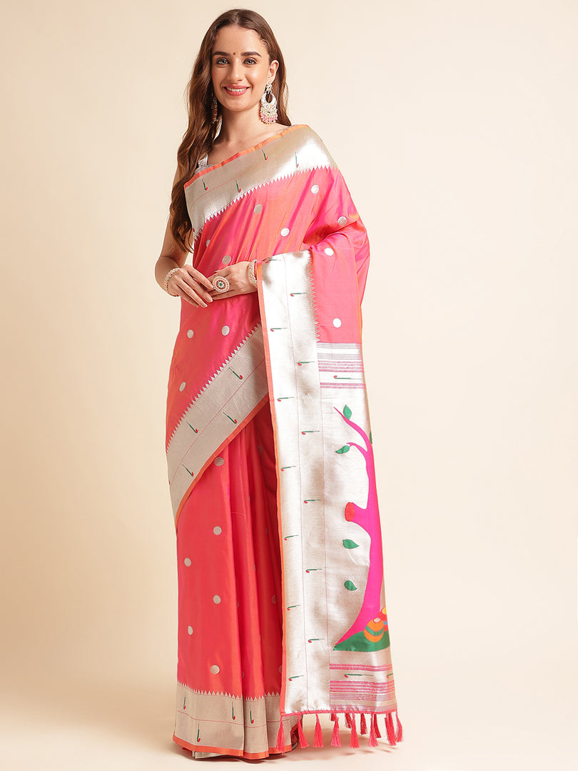 Gajri Color Banarasi Paithani Saree With Trending Zari Weaving Work (Radha Krishna-Gajri-sd_at)