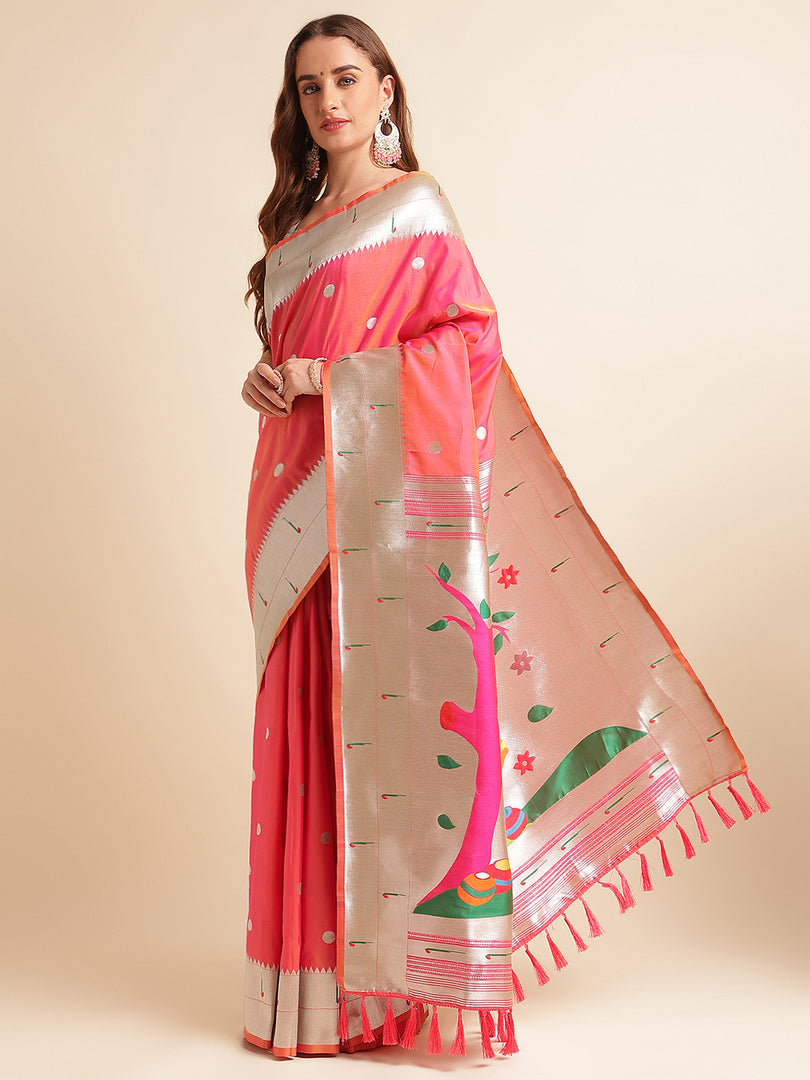 Gajri Color Banarasi Paithani Saree With Trending Zari Weaving Work (Radha Krishna-Gajri-sd_at)