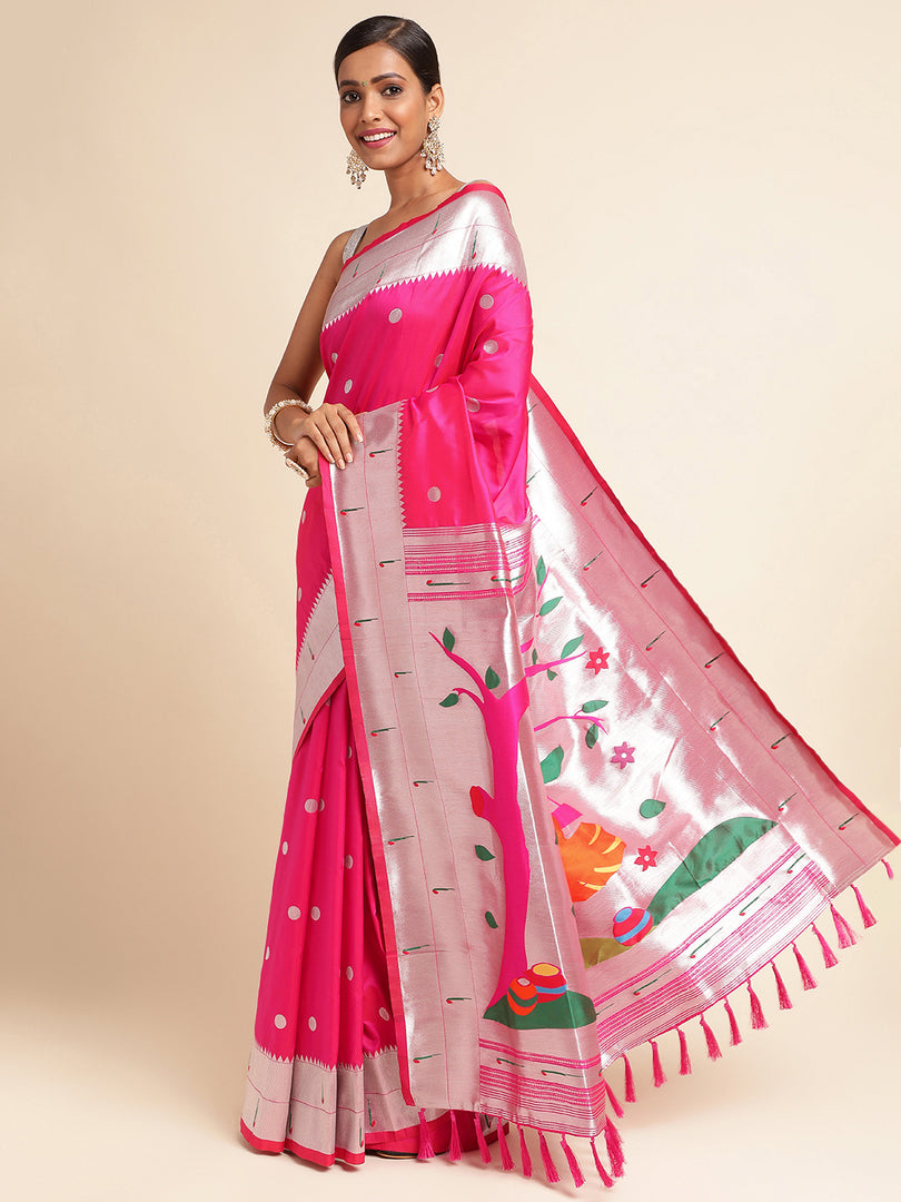 Pink Color Banarasi Paithani Saree With Trending Zari Weaving Work (Radha Krishna-Pink-sd_at)