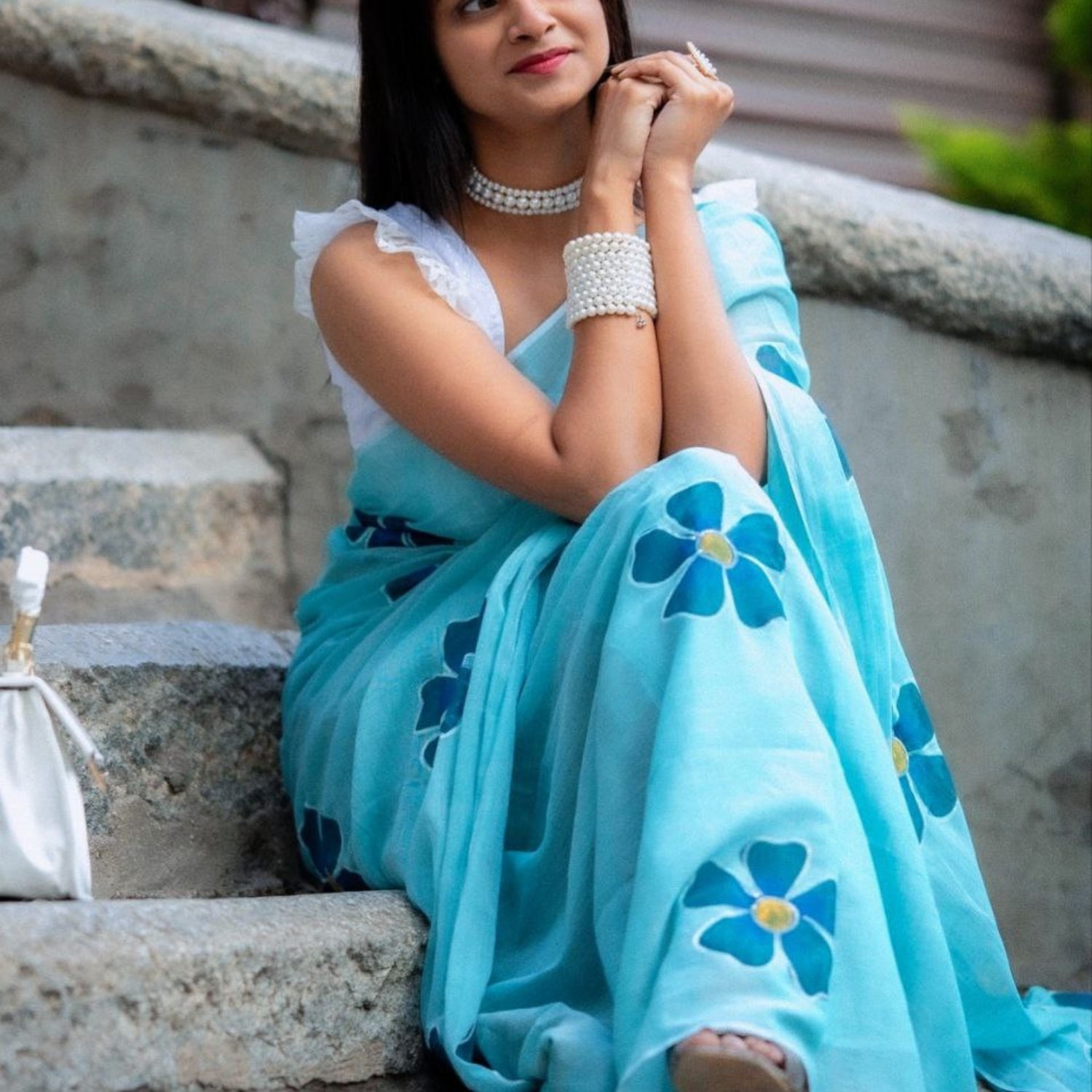 Sky Blue Floral Cotton Linen Saree with Unstitched Blouse Piece | Printed Designer Party Wear Saree for Women | Magnite (SE-1088-Cotton Lilen)