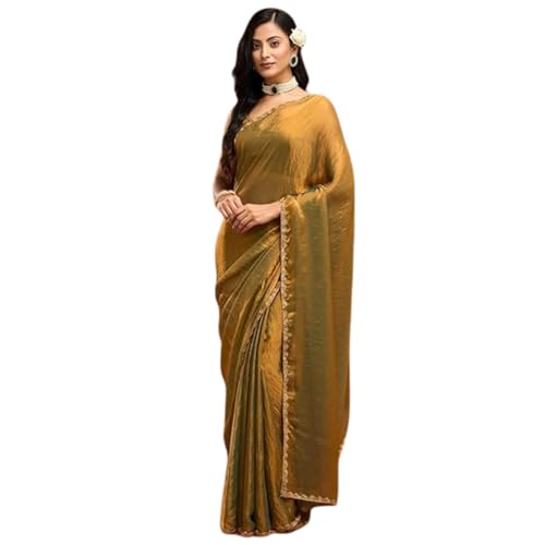 MAGNITE Women's Soft Fandy Cruch Chiffon Saree With Hand Work Lace Boarder & Comes With Unstitched Blouse Piece