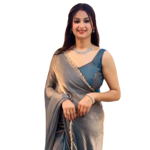 MAGNITE Women's Soft Fandy Cruch Chiffon Saree With Hand Work Lace Boarder & Comes With Unstitched Blouse Piece