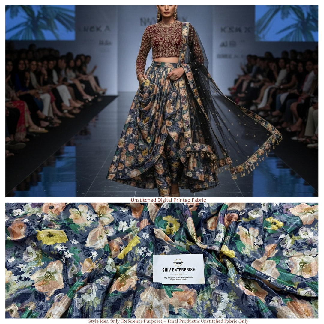 Premium Chinon Digital Printed Floral Fabric | Unstitched Designer Fabric - DC-003