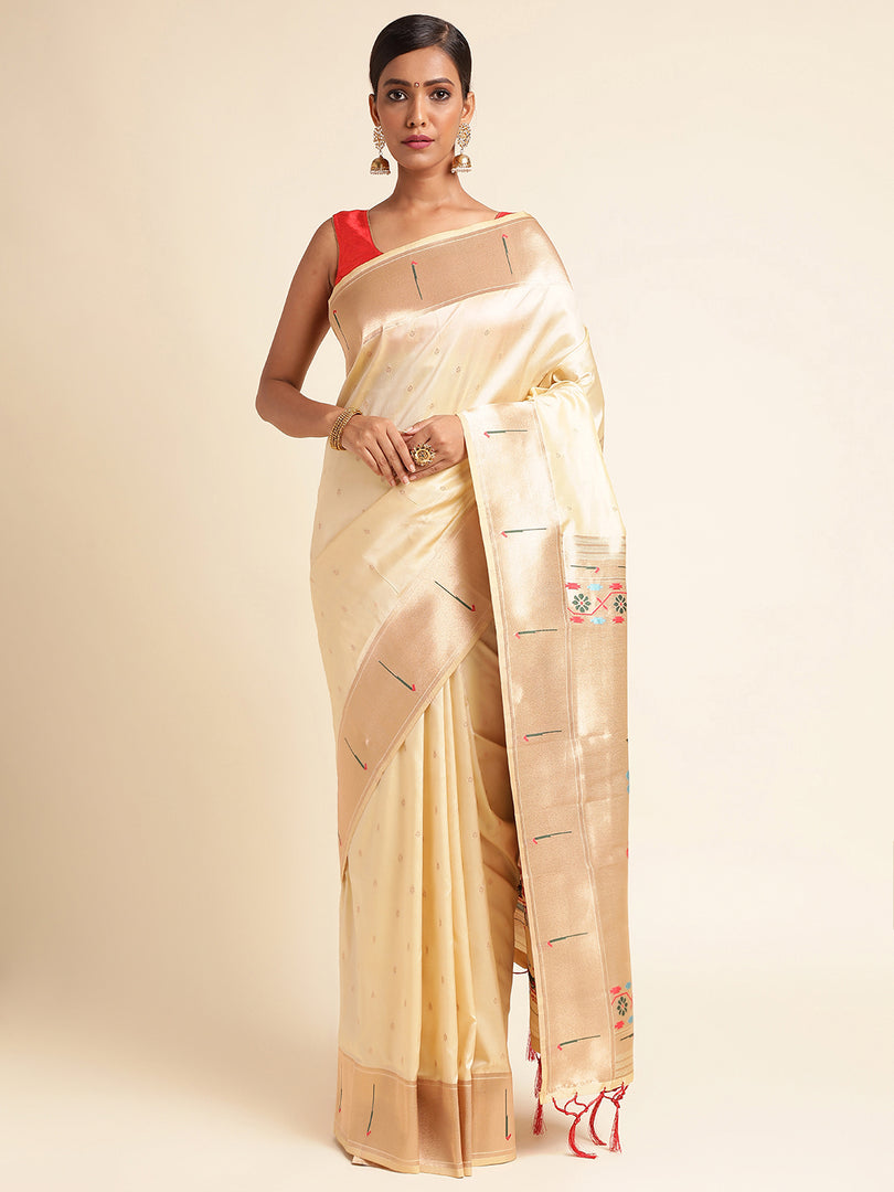 Off White Color Banarasi Lichi Soft Silk Weaving With Gold Jari Butti (Avishkar-Off White-sd_at)