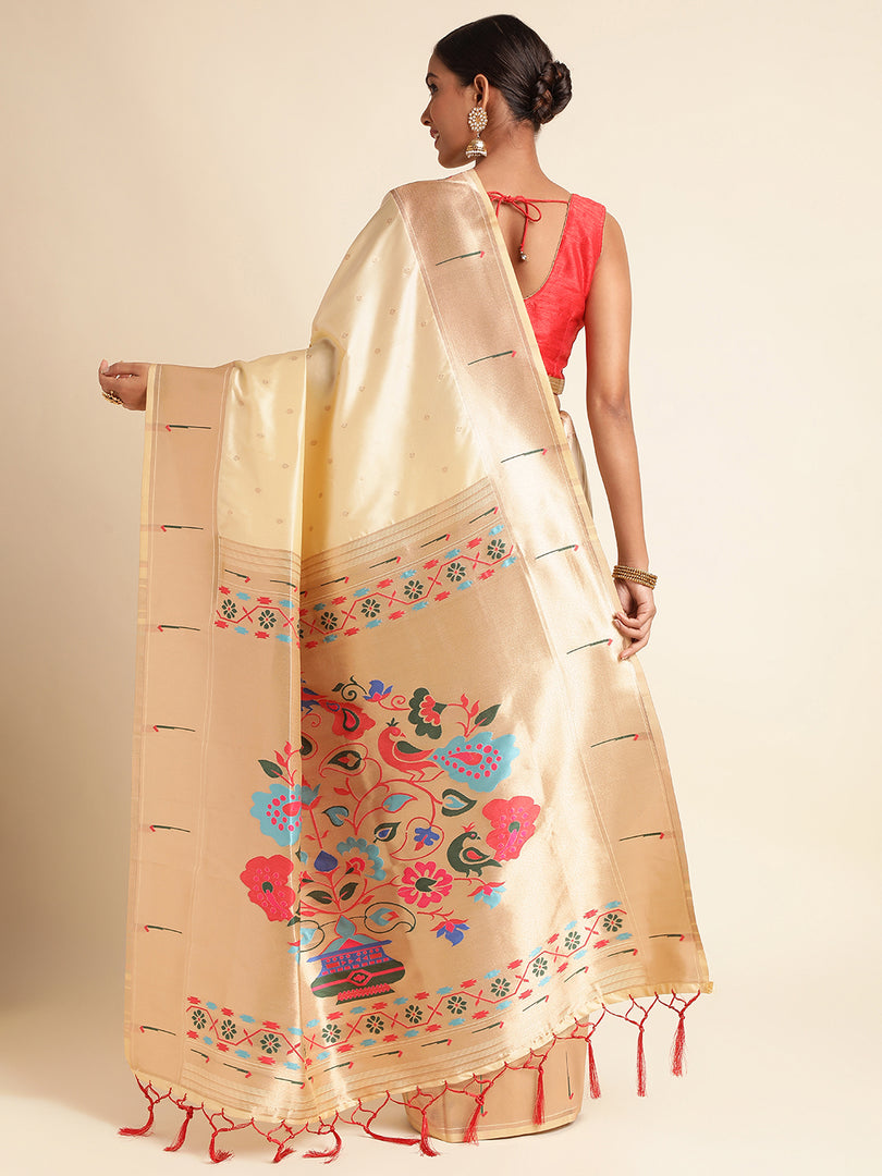 Off White Color Banarasi Lichi Soft Silk Weaving With Gold Jari Butti (Avishkar-Off White-sd_at)