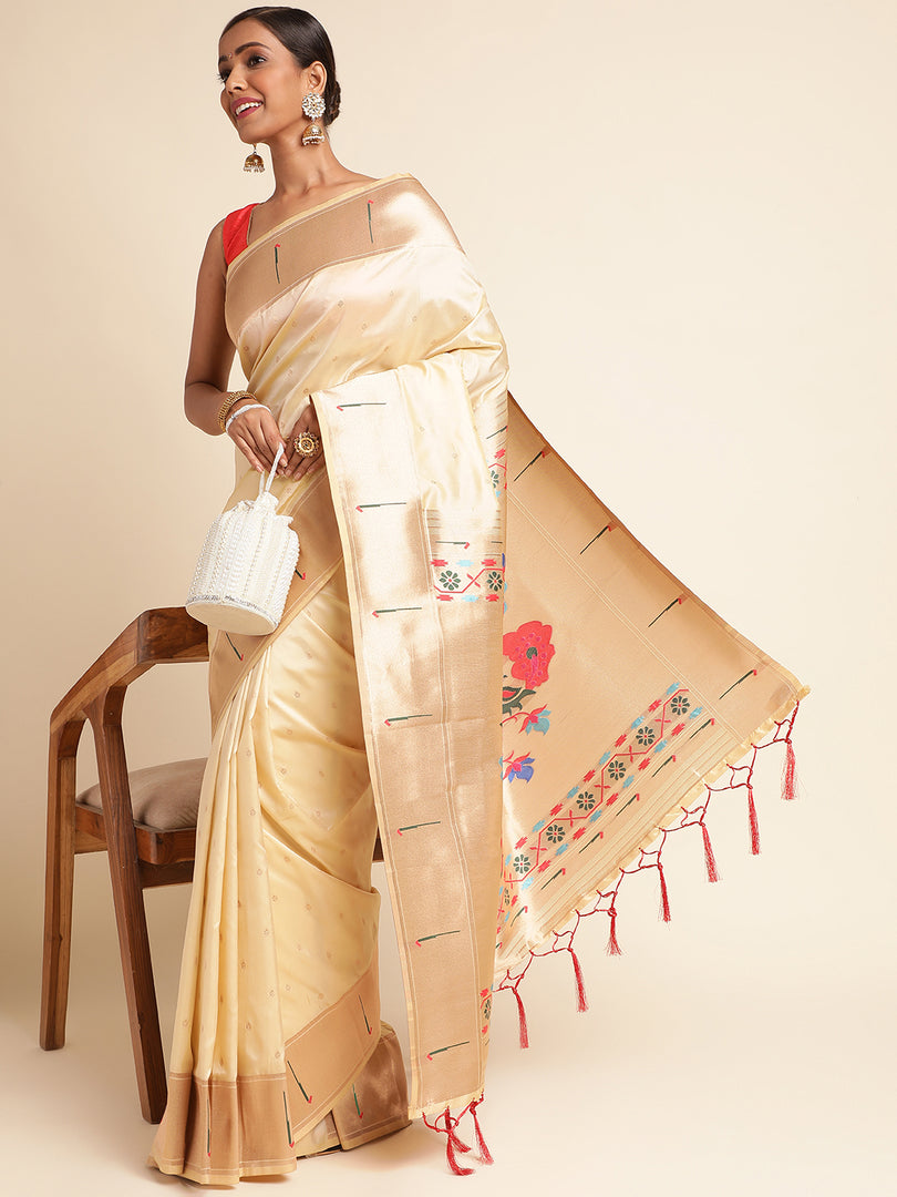 Off White Color Banarasi Lichi Soft Silk Weaving With Gold Jari Butti (Avishkar-Off White-sd_at)