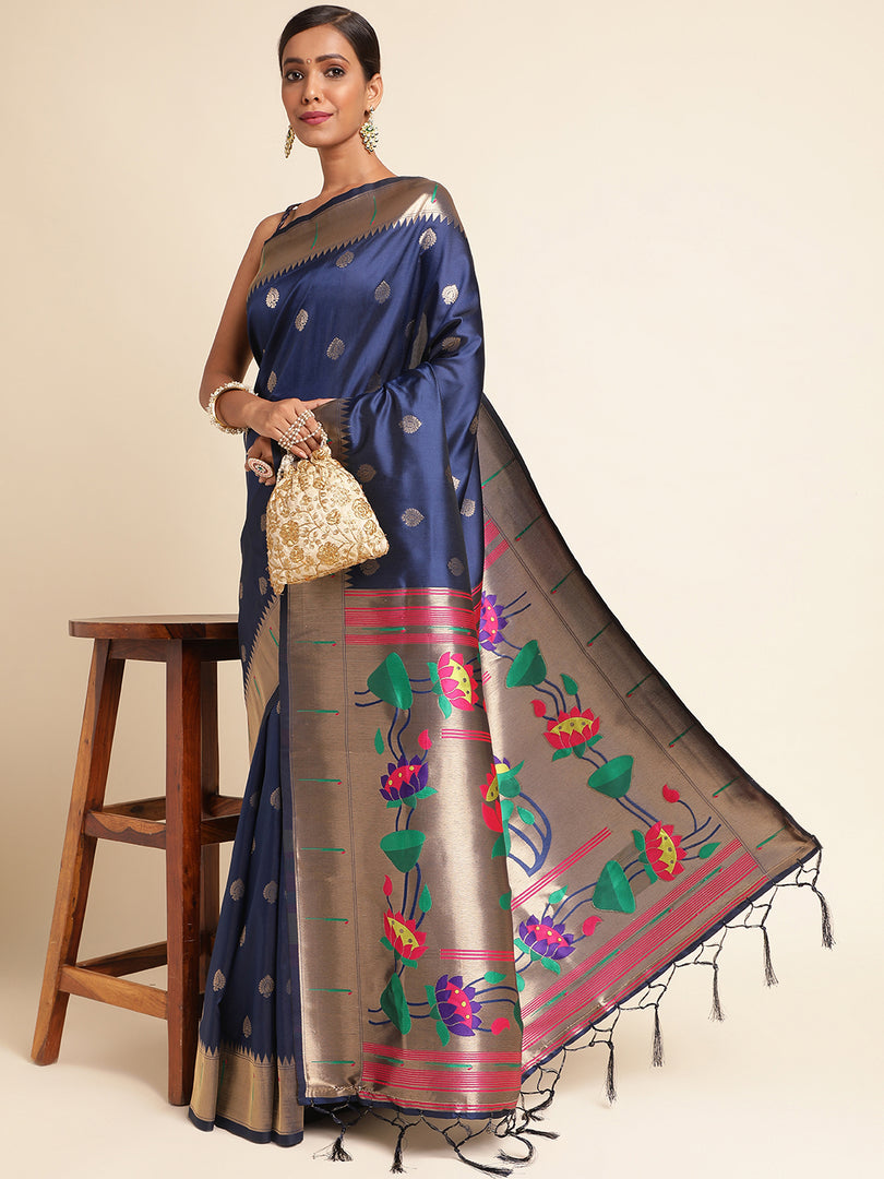 Blue Color Banarasi Lichi Soft Silk Weaving With Gold Jari Butti (Arpita-Blue-sd_at)