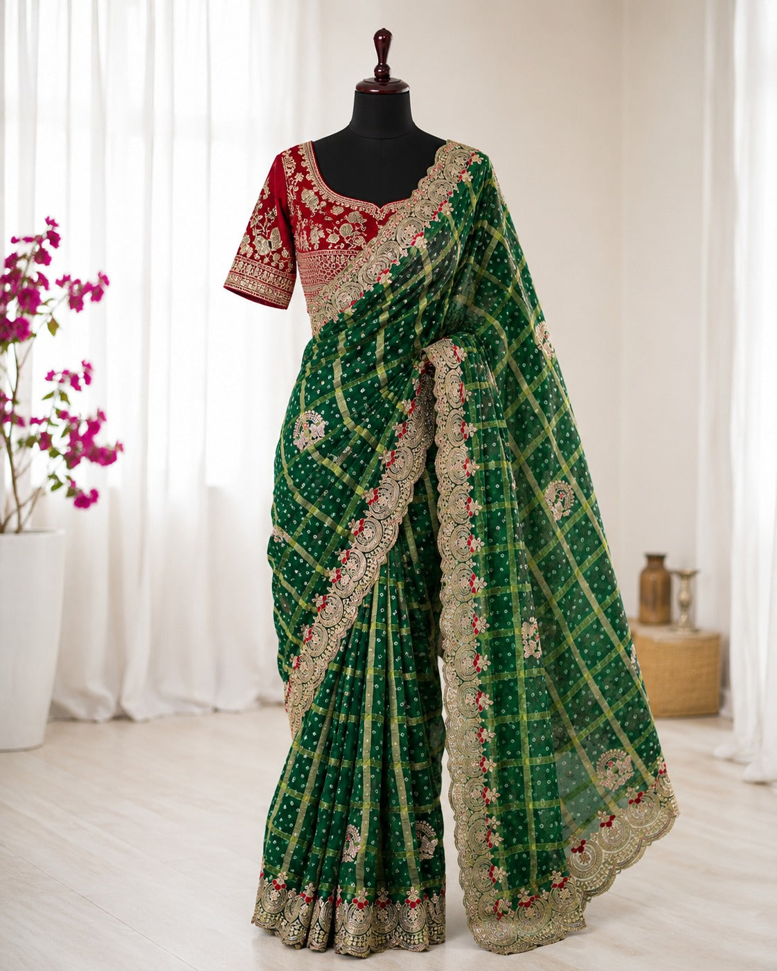 Green Designer Saree with Red Embroidered Blouse | Traditional Wedding & Festive Saree
