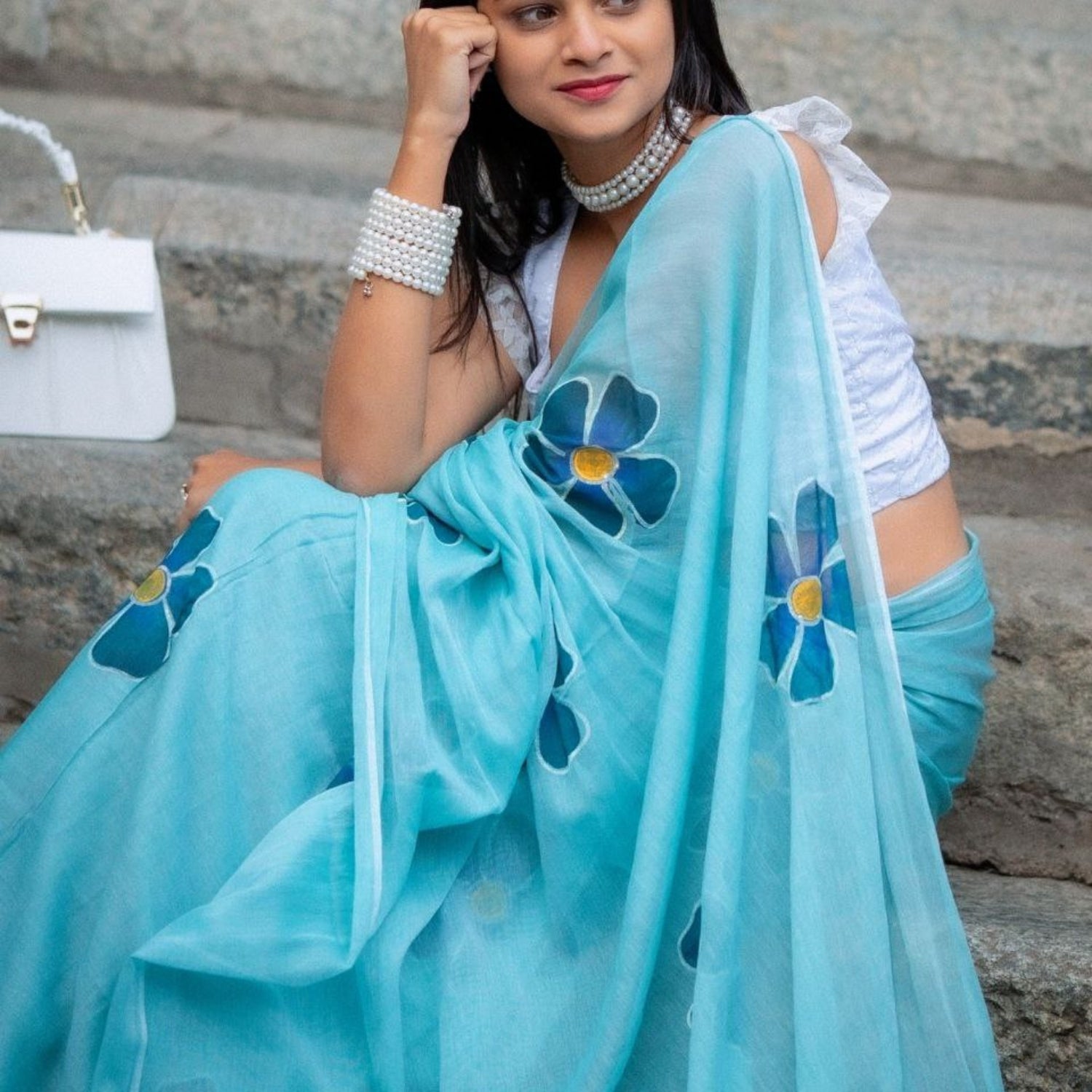 Sky Blue Floral Cotton Linen Saree with Unstitched Blouse Piece | Printed Designer Party Wear Saree for Women | Magnite (SE-1088-Cotton Lilen)