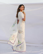 Load image into Gallery viewer, Elegant Floral White Saree with Blue and Pink Border
