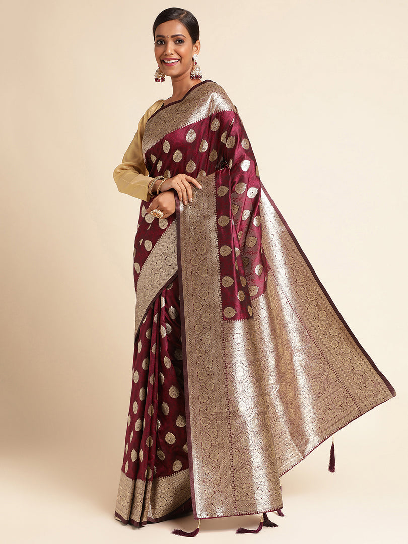 Wine Color Banarasi Lichi Silk Saree (Bahurani-Wine-sd_at)