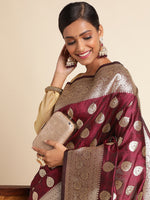 Load image into Gallery viewer, Wine Color Banarasi Lichi Silk Saree (Bahurani-Wine-sd_at)
