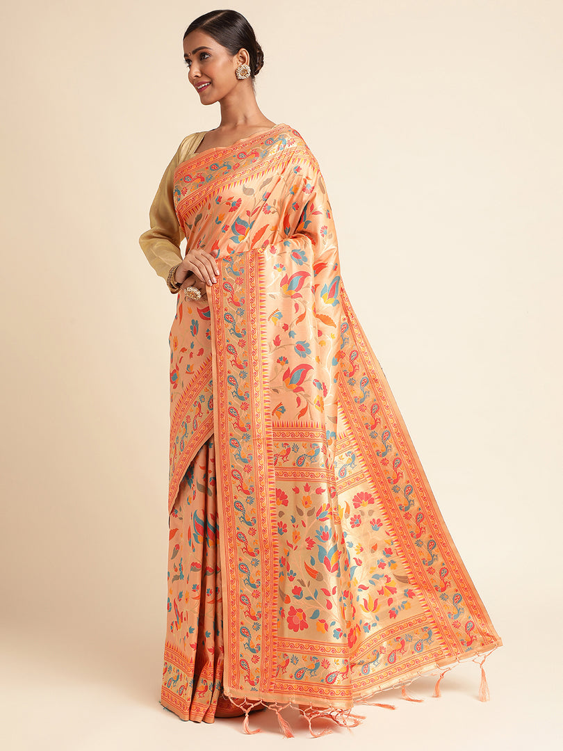 Peach Color Kanchipuram Lichi Silk Paithani Saree (Simran-Peach-sd_at)